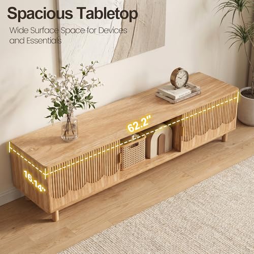 FurSch 62.2" Mid Century Modern Fluted TV Stand, Natural | Low Profile, 3D Slatted & Waved Design Panel, For Living Room Bedroom - color: Natural