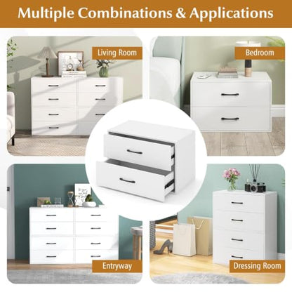 SIMOE 24" W White Stackable 2-Drawer Dresser for Bedroom, Short Storage Cabinet with Metal Handles, Wood Drawer Organizer with Anti-Tip Kits, Compact Chest of Drawers for Office, Entryway