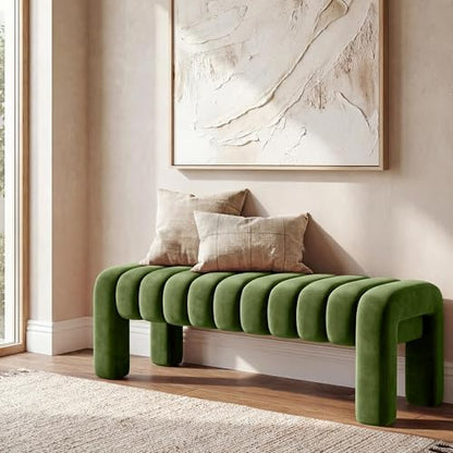 43.3” Dining Room Bench, Olive Green Tufted Upholstered End of Bed Bench, Modern Entryway Ottoman Window Seat with Solid Wood Legs and Padded Seat for Bedroom, Hallway and Living Room (Velvet) - color: Olive Green Velvet, size: 43.3"