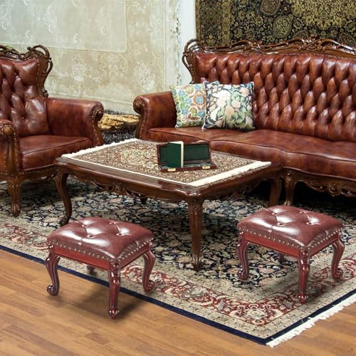 Ottoman Foot Rest, Small Leather Footstool, Vintage Living Room Ottoman, Solid Wooden Shoe Stool, Dark Brown - color: Dark Brown
