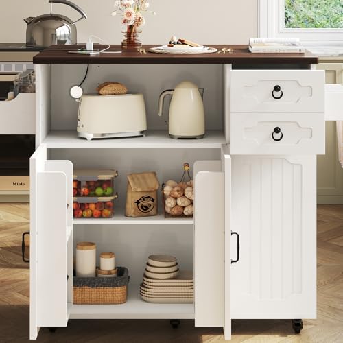 LIKIMIO 51" Mobile Kitchen Island with Drop Leaf & Power Outlet, Kitchen Rolling Island with Storage Cabinets & Drawers, Kitchen Island Cart with Glass Holder & Wine Rack for Dining Room, White