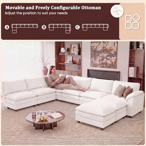 JUMMICO 232" Oversized Sectional Couch, Modular Cloud Sofa, White | Comfy Chenille, 2 Movable Ottoman, Deep Seat, Double Layer Cushion, 6 Seat, High-Density Foam, for Living Room - color: White, size: Oversized Sofa