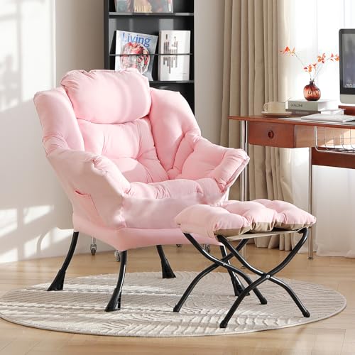 Lazy Chair with Ottoman, Comfy Accent Reading Chair, Pink | Foldable Footrest,Removable Cover,with Armrests and Side Pockets,Upholstered Lounge Chair for Bedroom,Dorm,Office,Small Space - color: Pink