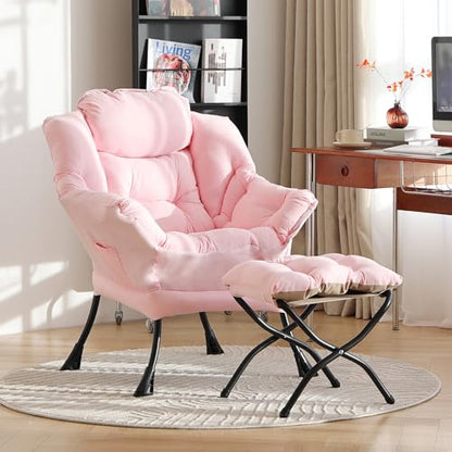 Lazy Chair with Ottoman, Comfy Accent Reading Chair, Pink | Foldable Footrest,Removable Cover,with Armrests and Side Pockets,Upholstered Lounge Chair for Bedroom,Dorm,Office,Small Space - color: Pink