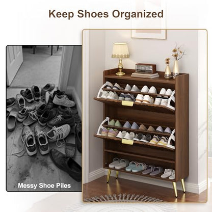 Shoe Storage Cabinet with with 2 Flip Drawers, Entryway Shoe Rack Organizer with Water Ripple Textured Front, Slim Shoe Cabinet with Gold Metal Legs for Hallway, Living Room, Walnut - size: 9.4"D x 31.5"W x 42.9"H