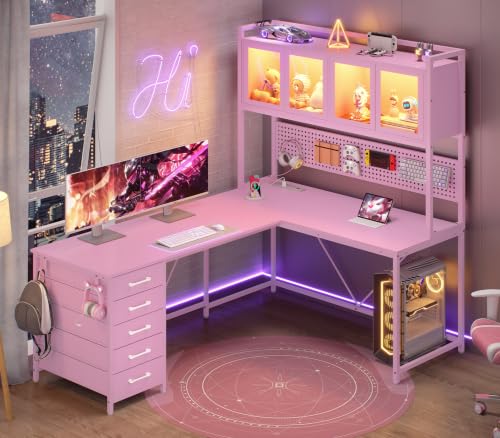 SEDETA L Shaped Gaming Corner Desk with Drawers, Hutch and Storage Shelves | Reversible L Shaped Computer Desk, Gaming Desk with Pegboard, Led Lights, and Power Outlet for Home Office, Small Space, Pink - color: Pink
