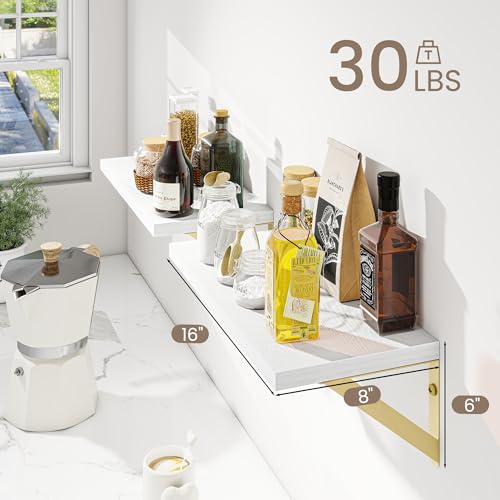 Dreamland Wall Mounted Floating Shelves Set of 2, 16x8, White&Gold | Engineered Wood, Visible Bracket, Large Storage, Hold Up to 30lbs, Living Room, Bathroom, Bedroom, Kitchen - color: White&gold, size: 16"W x 8"D
