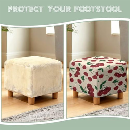 Cute Cherry Print Stretch Square Ottoman Cover Nonslip Elastic Band Bottom Footrest Stool Cover Protector for Square Ottoman 13x13x15 Inch - color: Cute Cherry