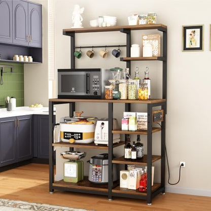 Large Bakers Rack with Power Outlet, Coffee Bar & Microwave Stand | Bakers Rack with Power Outlet, Coffee Bar Station & Microwave Cart, Metal Kitchen Storage Shelf with Wheels - color: Rustic Brown