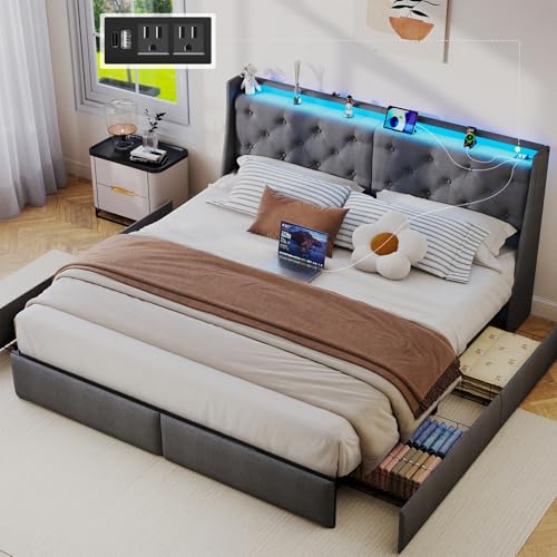 SADENICEL King Size Bed Frame with 4 Storage Drawer, King Bed Frame, Grey | Headboard with Charging Station and LED Lights, Metal Platform Bed with Storage Shelf, Noise Free, No Box Spring Needed - size: King, style: 4 Storage Drawer
