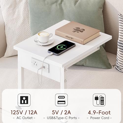 C Shaped End Table with Charging Station, C Table End Table Adjustable Height Sofa Table, Side Table for Couch, Couch Table that Slide Under, TV Tray Arm Table for Living Room,Bedroom, White - color: White, style: Charging Station