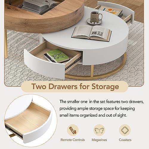 Modern Round Lift-top Nesting Coffee Tables with 2 Drawers for Living Room White & Natural - color: Oak Natural Wood + Antique White