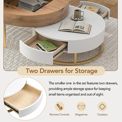Modern Round Lift-top Nesting Coffee Tables with 2 Drawers for Living Room White & Natural - color: Oak Natural Wood + Antique White
