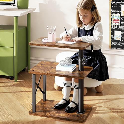 IBUYKE 360° Swivel Height Adjustable C Shaped Side Table,Brown UTVT006H | Tv Tray Table,End Table for Small Spaces Sofa Bed,With Storage Shelf,3-Tier Night Stand,For Living Room,Bedroom - color: Brown