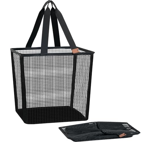 STORAGE MANIAC 접이식 세탁 바구니, 50L(16.9갤런) 긴 운반 손잡이가 있는 대형 팝업 세탁 바구니, 하단 탄성 밴드가 있는 공간 절약형 접이식 옷 바구니, 여행용 세탁 가방, 메시 블랙 - color: 메시 블랙.