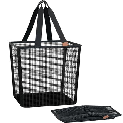 STORAGE MANIAC 접이식 세탁 바구니, 50L(16.9갤런) 긴 운반 손잡이가 있는 대형 팝업 세탁 바구니, 하단 탄성 밴드가 있는 공간 절약형 접이식 옷 바구니, 여행용 세탁 가방, 메시 블랙 - color: 메시 블랙.