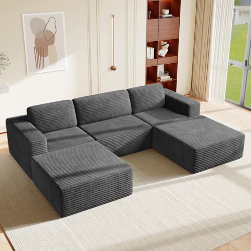Vesgantti 119" Oversized U-Shaped Modular Sectional Sofa, Corduroy Cloud Couch with Deep Seating & Spring Support, Convertible Sofa with 2 Ottomans, Boneless Couch, No Assembly Required, Grey - color: 119" - 3 Seater & 2 Ottoman Grey
