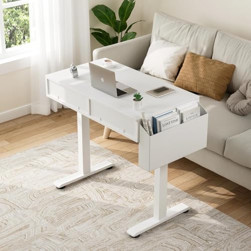 KLUVIS Electric Standing Desk with Drawers, 32 Inch White Small Height Adjustable Sit Stand Desk with Storage for Small Space Home Office Bedroom, Study Writing Stand up Computer Desks for Girls Work - color: White, size: 31.5''