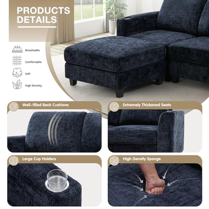 87" Chenille L-Shape Sectional Sofa with Cup Holders, Blue | Convertible 3 Seater Couch with Removable Ottoman, Upholstered Sofa with Thickened Seat Cushion for Living Room, House - color: Blue, size: 87" L-Shape