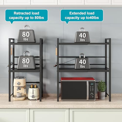 DOLALIKE Microwave Oven Rack, Expandable Microwave Stand Countertop Kitchen Utensils Tableware Storage, Carbon Steel Over Microwave Shelf Countertop with 3 Hooks | Adjustable Microwave Oven Rack Metal Storage Shelf with 3 Hooks for Pans Small Appliances K