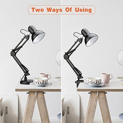 PowerKing Metal Swing Arm Desk Lamps, Adjustable Architect Lamp, Black | Metal Material, Adjustable & Flexible, Fits E26 E27 Bulbs, 2-in-1 Design, Eye-Caring Reading Light, for Home & Office - color: Black