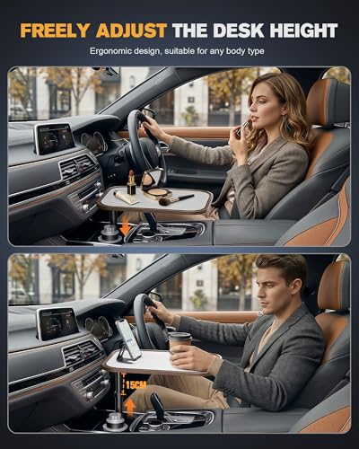 Car Desk for Laptop, Car Table & Car Tray with 360° Rotating Cup Holder, Adjustable Height Car Food Tray, As Car Table Tray or Car Seat Tray, Compatible with Tesla Model 3/Y/S, Ford/Most Vehicles