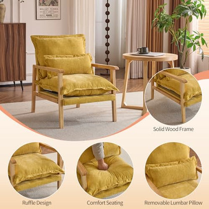 Karl home Plush Chenille Accent Chair with Lumbar Pillow & Ruffled Design Cozy Lounge Chair for Living Room, Bedroom, Reading Corner, Yellow