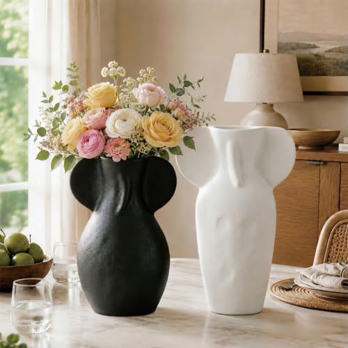 Modern Ceramic Body Vase Set of 2, Two Size Abstract Sculptural Flower Vases for Home Decor, Minimalist Nordic Decorative Vase for Living Room, Bedroom, Table and Shelf Decor- Black & White - color: Black & White