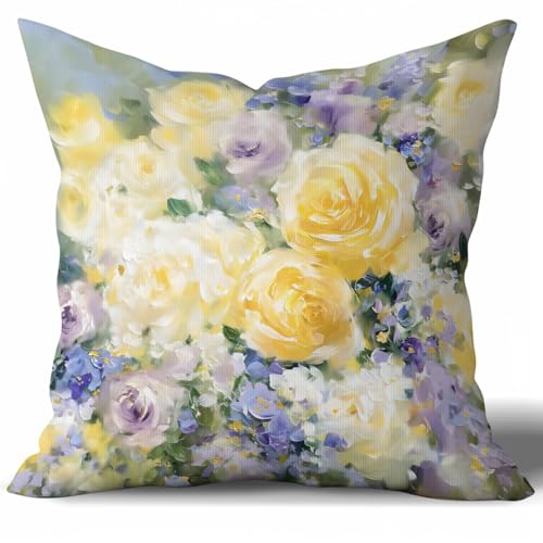 Velvet Decorative Throw Pillow Covers,Watercolor Wash Floral Design Pillowcase,Square Cushion Cover for Sofa Living Room Bed,Summer Farmhouse Home Decor,18x18inch Double- Sided - color: Purple+yellow