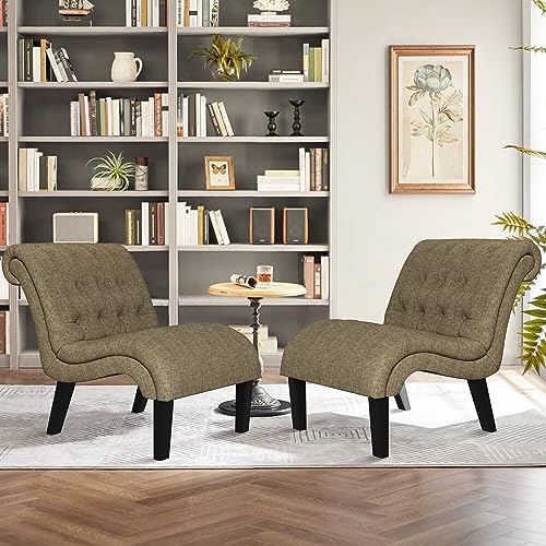 Accent Chairs Set of 2 Modern Armless Living Room Bedroom Side Chairs Button Tufted Upholstered Leisure Chair with Wood Legs - color: Khaki, size: 2 Chairs