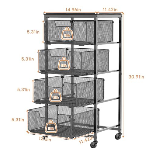 4-Tier Fruit Vegetable Storage Cart - Kitchen Organizer and Storage Cart with Wheels, Wooden Top Metal Wire Fruit Vegetable Rack Stand with Drawers to Storage Cans Snacks for Kitchen(Patent Pending) - size: 4-Tier
