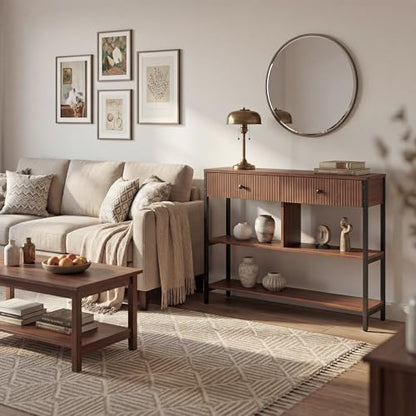 Manora Fluted Console Table with Wooden Drawers, Slim Entryway Table with Open Shelf, Tall Thin Side Table for Couch, Small Sofa Side Table for Hall, Hallway, Bedroom, Living Room, Foyer, Walnut