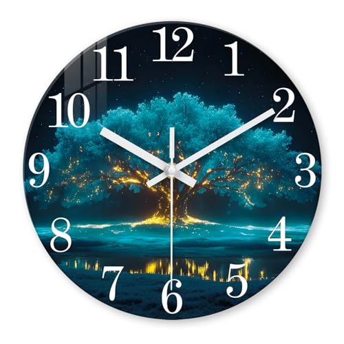 XNM Teal Tree of Life Glass Wall Clock Battery Operated 14 Inch | Modern Decorative Wall Clock Natural Landscape Silent Wall Clock for Kitchen Living Room Bedroom Decor - color: Teal 15, size: 14 Inch