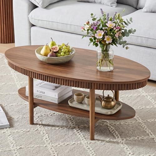 Janmer Home Oval Coffee Table with 2-Tier Storage Shelf, 40" Modern Coffee Tables, Wood Small Center Table, Fluted Accent Tea Table for Small Space Living Room Apartment,Easy Assembly (Walnut) - color: Walnut-40inch Oval, style: 40inch