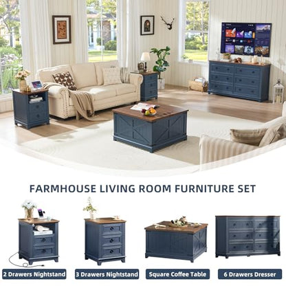 Joaxswe Farmhouse Coffee Table with Hidden Storage Organizer, Modern Square Large Center Table, Wood Farm House Low Navy Blue Living Room Tables with Hinged Lift Top for Home, Office - color: Blue, style: With Legs