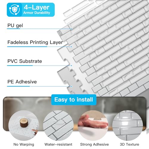 Art3d 10-Sheet Heavy-Duty Peel and Stick Backsplash, Waterproof Wall Tiles Stick on Kitchen Backsplash Living Space, White with Gray Grout (Pack of 4) - color: White with Gray Grout, size: 12 x 12 Inch (Pack of 4)
