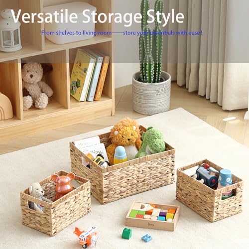 Set of 3 Water Hyacinth Storage Basket Rattan Woven Shelf Organizing with Built-in Handles 3-Pack Nesting Wicker Bathroom Accessories Pantry Storage