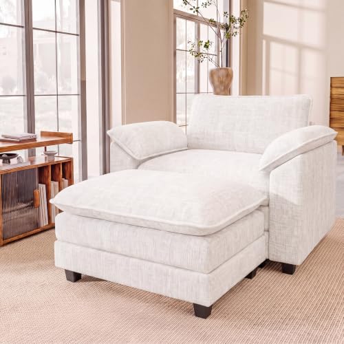 JUMMICO 40" Chaise Lounge Chair with Ottoman, Single Sofa Chair, White | Comfy Chenille, Double Layer Cushion, Wide Armrest, Deep Seat, High-Density Foam, Reading Chair for Living Room - color: White, size: Single Sofa Chair