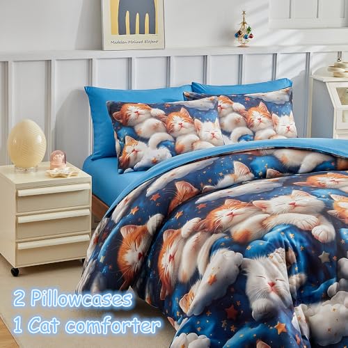 Kids Twin Comforter Set for Boys and Girls, 3 Pieces Cat Comforter with 2 Pillowcases, Microfiber Kitty Twin Bedding Set for Kids Teens Washable Lightweight Super Soft for All Season, Blue - color: Cat Blue, size: Twin-3pieces
