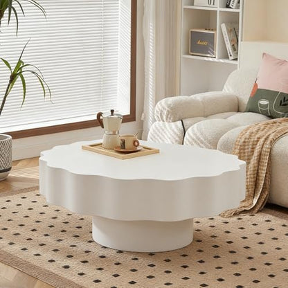 Modern White Scalloped Coffee Table 31.5" Round Wood Center Table Wave-Shape Coffee Tea Tables with Pedestal Base for Living Room Apartment Small Space (White) - color: White