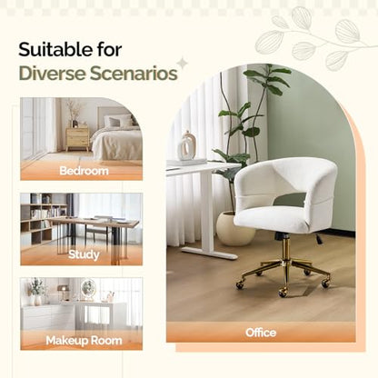 VINGLI Modern Curved Office & Vanity Desk Chair, Cute Upholstered Nail Chair with Wheels & 360° Swivel & Club & Tilting & Gold Base, for Bedroom, Living Room, Makeup, Velvet Chenille, White - color: White