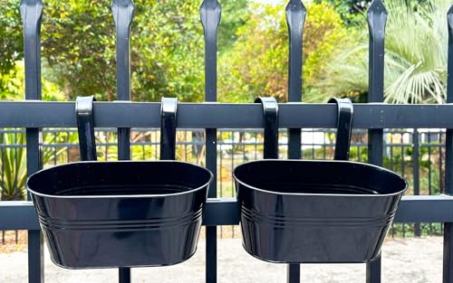 10" Metal Hanging Planter for Railing with Detachable Hooks, Black, 2 Pcs | Removable hook, Drainage hole, Rustproof, For flowers / herbs / succulents, veggies, For railings / fences / balconies - color: Black