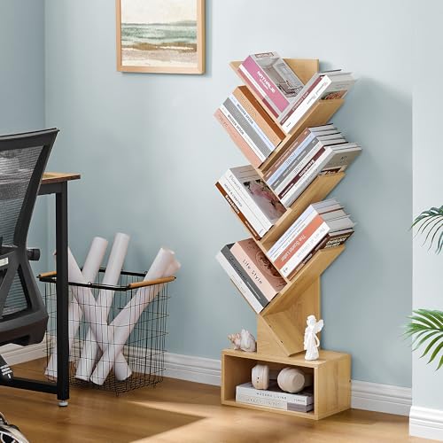 Hoctieon 6 Tier Tree Bookshelf, Tall Bookcase with Drawer, Freestanding Book Shelf, Display Floor Standing Storage Shelf, Book Organizer Shelves for Home Office, Living Room, Bedroom, Yellow - color: Yellow, size: 6 Tier