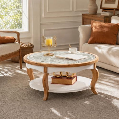 French Country Round Glass Coffee Table, 2-Tier Distressed Circle Storage Center Table with Curved Legs & Removeable Glasstop for Living Room - color: Antique White