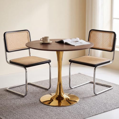 31.5" Round Tulip Dining Table, Circle Tulip Table with MDF Tabletop and Gold Metal Pedestal Base, Mid Century Modern Bistro Table for Kitchen, Dining Room, Cafe (Walnut and Gold) - color: Walnut and Gold