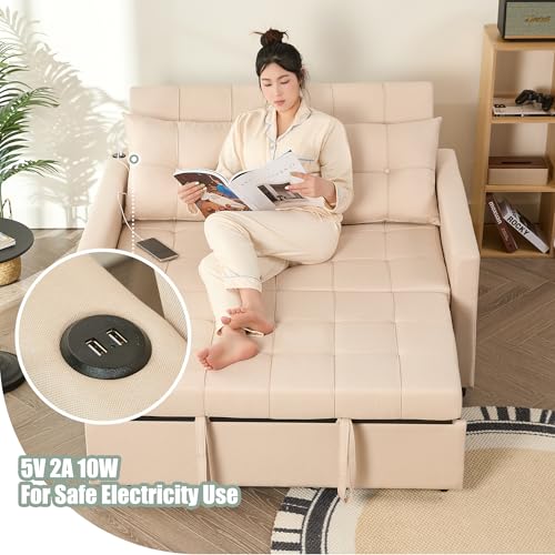 GOSUHI 52" 3-in-1 Convertible Sleeper Sofa Bed, Linen, Beige | Pull-Out Bed, Stepless Adjustable Backrest, Side Pocket, Compact Loveseat, Living Room, Dorm & Apartment - color: Beige