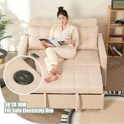 GOSUHI 52" 3-in-1 Convertible Sleeper Sofa Bed, Linen, Beige | Pull-Out Bed, Stepless Adjustable Backrest, Side Pocket, Compact Loveseat, Living Room, Dorm & Apartment - color: Beige