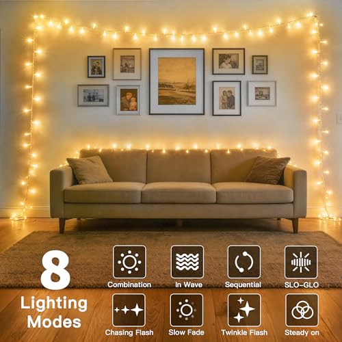 Ollny Fairy Lights Battery Operated, 100 LED 33FT Battery Powered String Lights, 8 Modes Waterproof LED Light for Bedroom Indoor Outdoor Camping Classroom Party Decor, Warm White - size: 33 FT