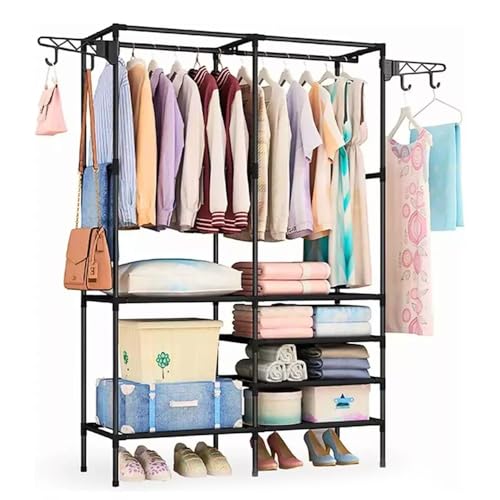 Dioche Double Rod Clothes Rack with 6 Shelves Sturdy Steel Garment for Hanging Clothes Hats and Accessories Space Saving Storage Solution for Entryway Bedroom Closet or Retail Store
