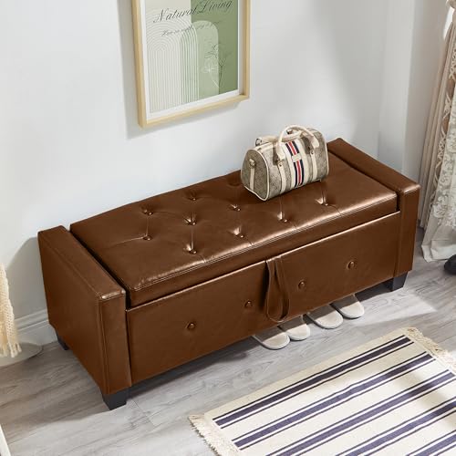 Storage Bench, 48‘’ Upholstered PU Leather Ottoman Bench with Button-Tufted, Folding Bedroom Bench with Wood Legs, Entryway Bench for Bedroom, Brown - color: Brown